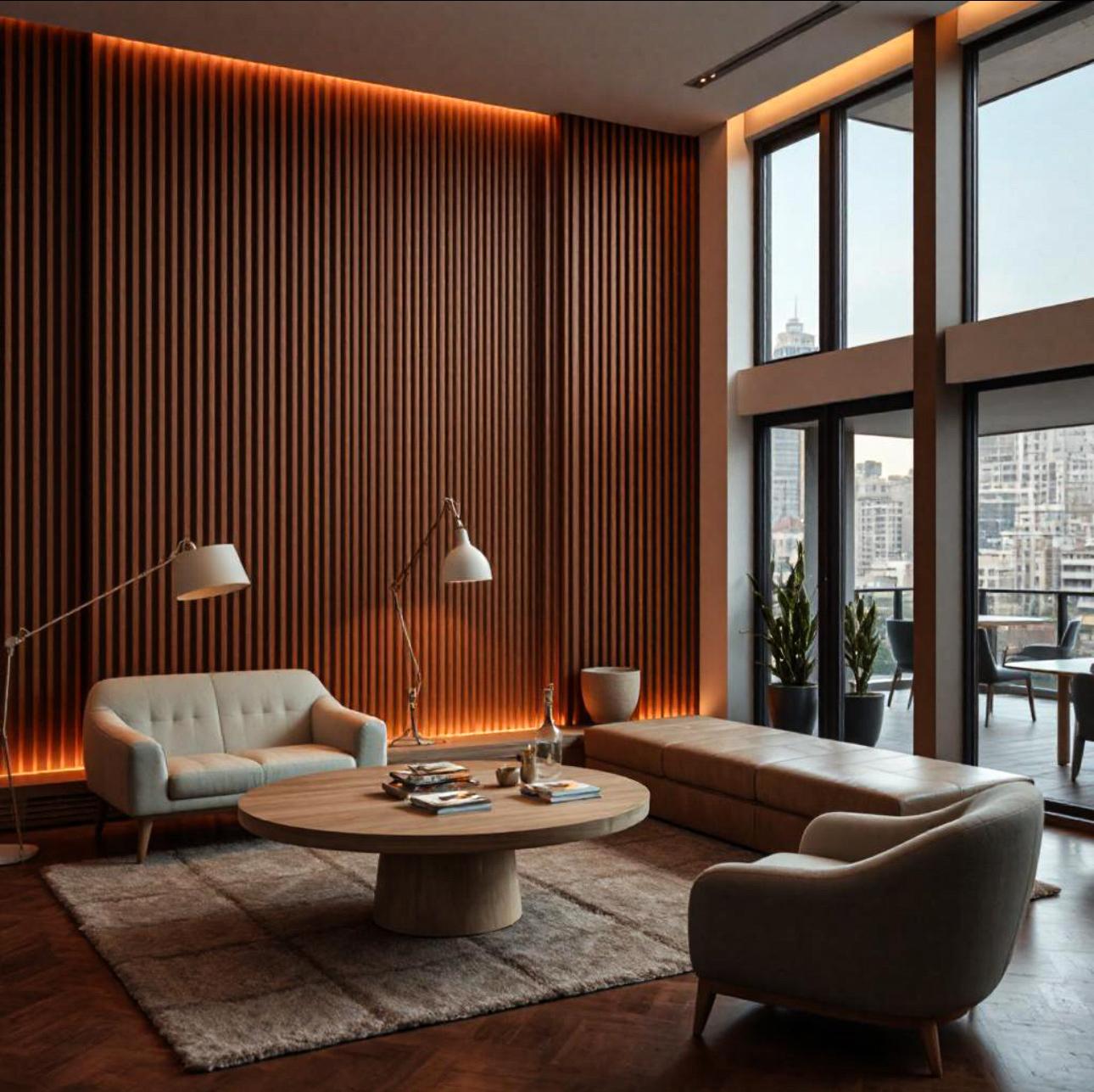 modern living room interior with wood panel