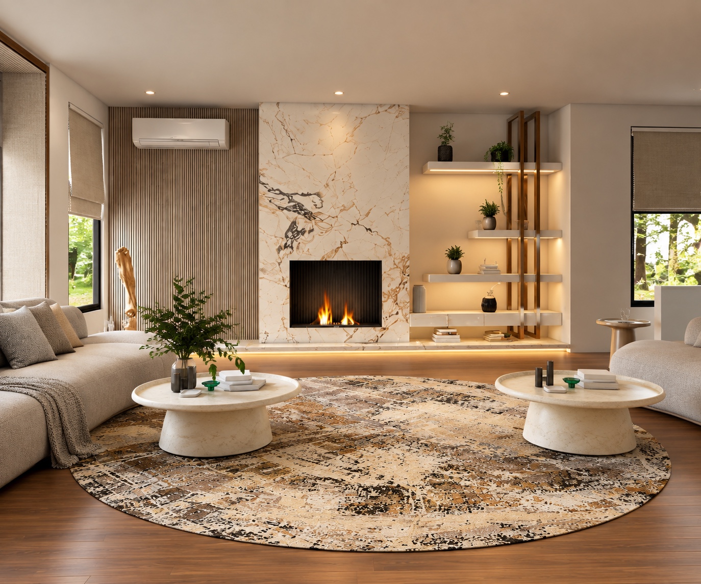 Living room interior design with a stone fireplace and illuminated shelving