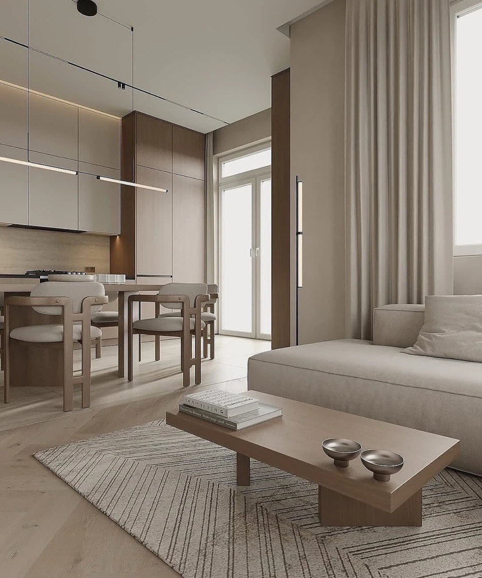 Neutral seating and a low coffee table connect visually with the dining area and kitchen cabinetry.
