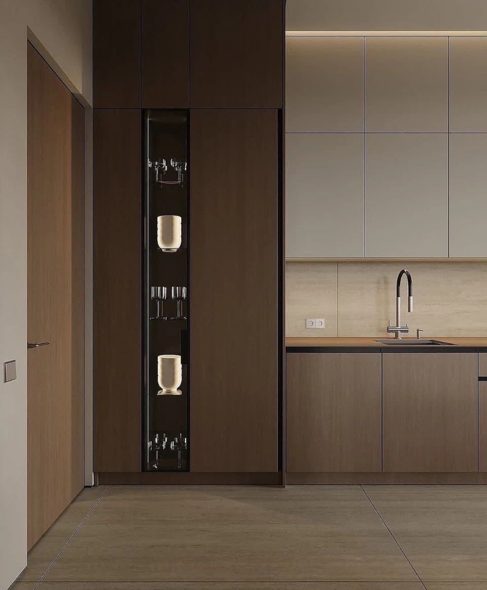 A narrow dark display recess adds contrast within the full-height cabinet composition.