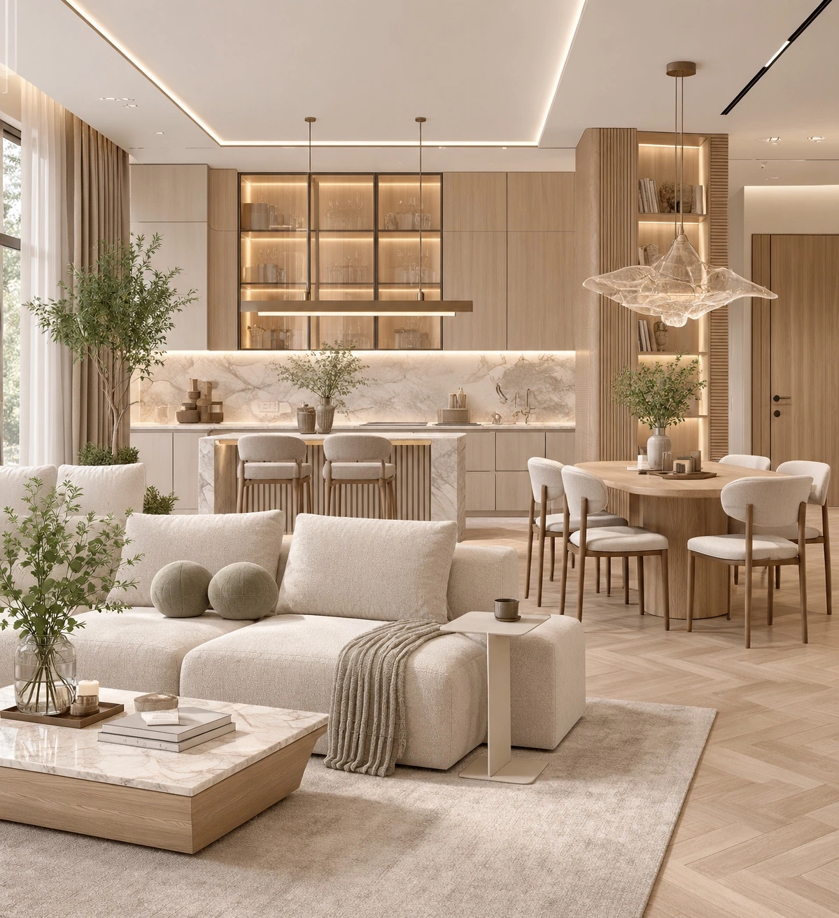 Warm contemporary apartment visualization linking kitchen, dining and living spaces