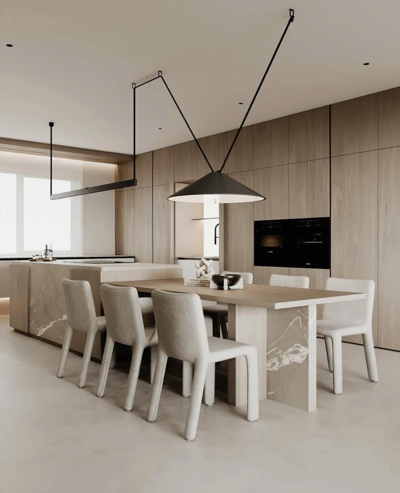 Warm contemporary interior design study connecting kitchen cabinetry and dining space