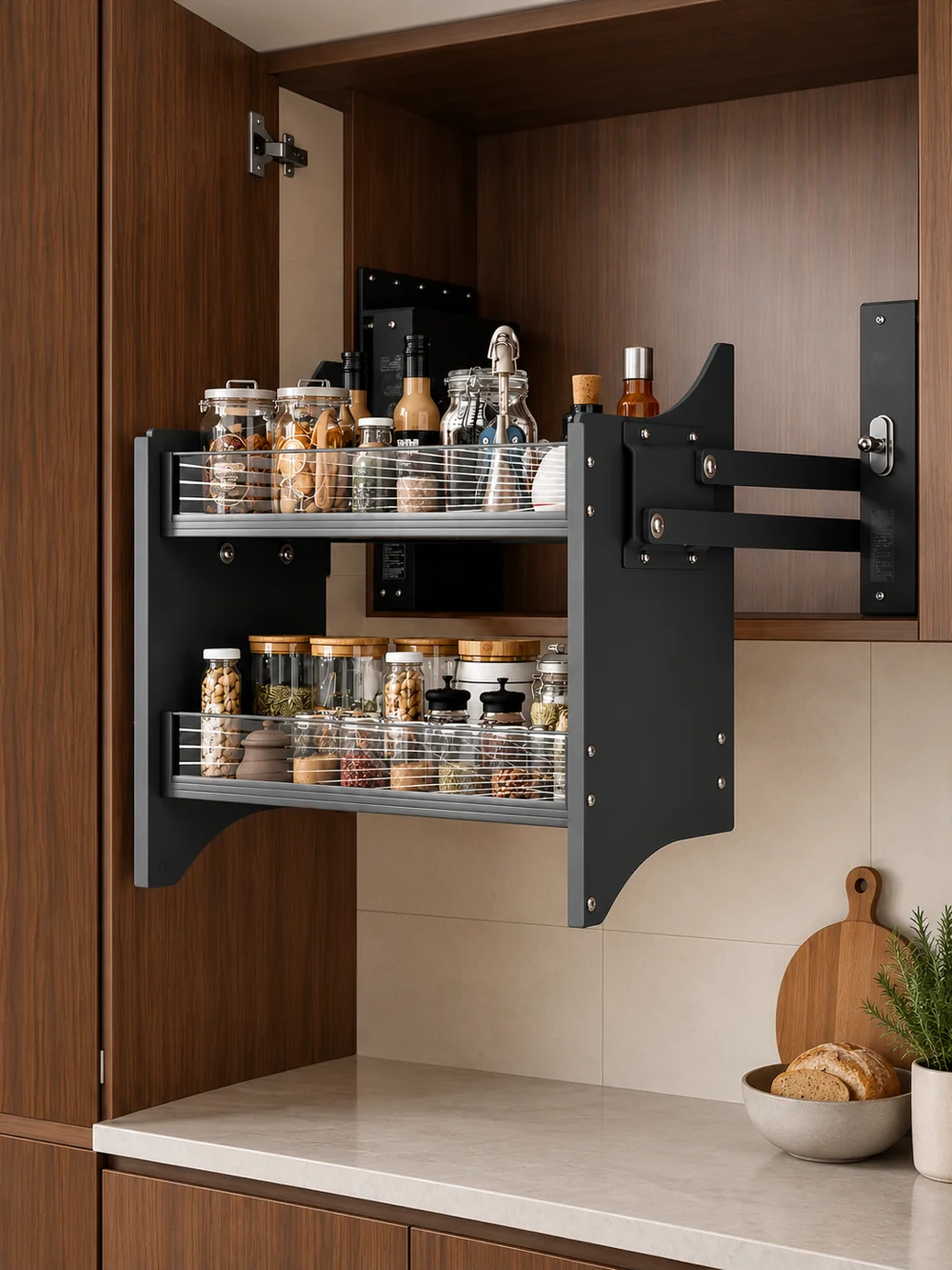 Owner-directed edited visualization of a suspended pull-down organizer, with the protruding lower bar removed