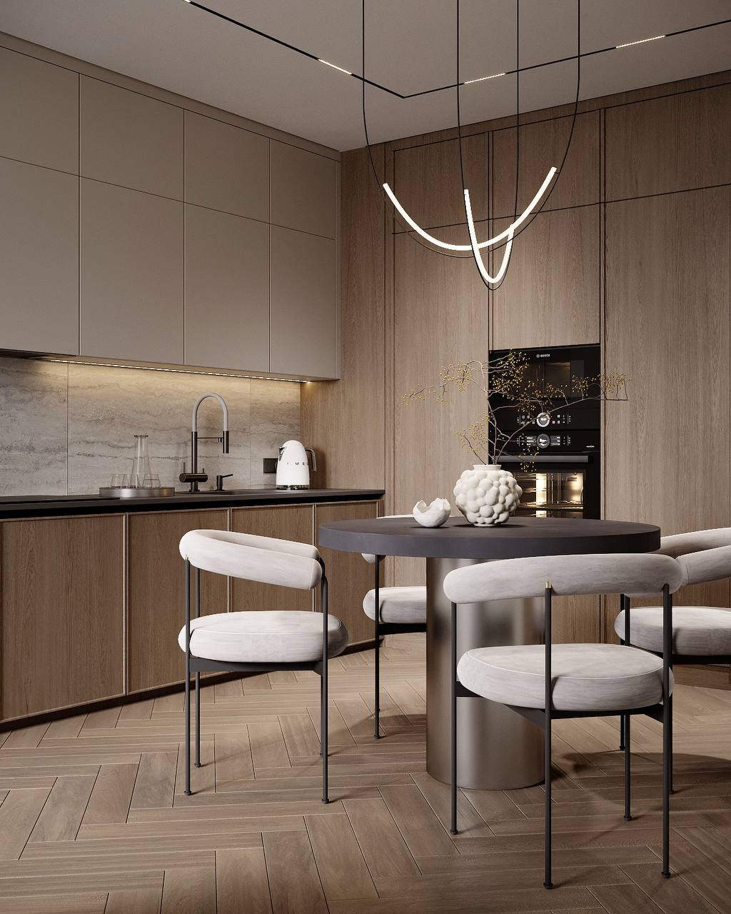 Kitchen and dining visualization with neutral cabinetry, wood-toned tall units and a round dining table