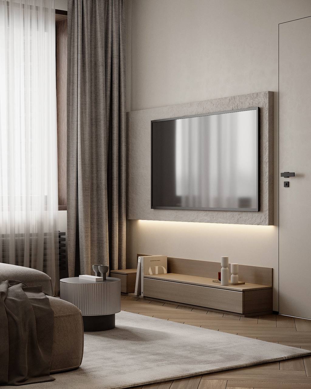 A restrained media wall with a slim low cabinet, illuminated backing and layered curtains.