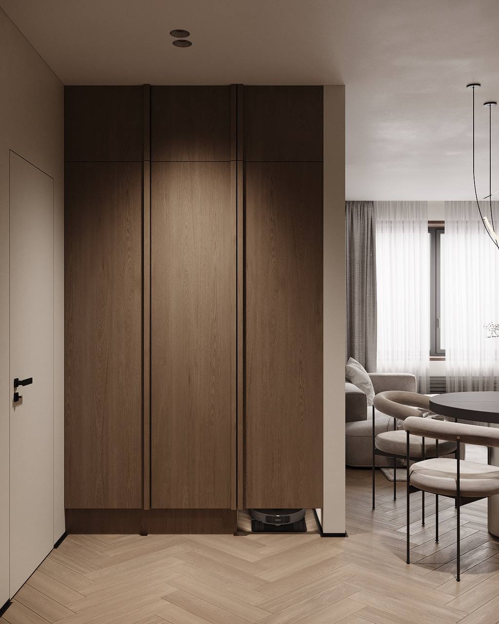 A closed storage composition that keeps the entrance visually quiet.