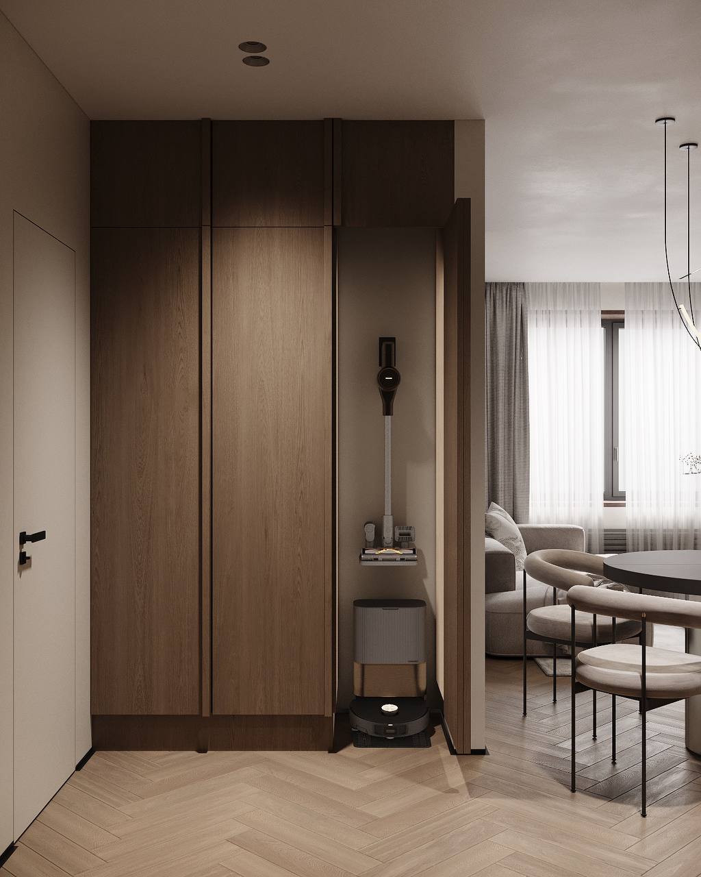 The same storage opened to show a dedicated recess for a cordless vacuum and robotic cleaner.
