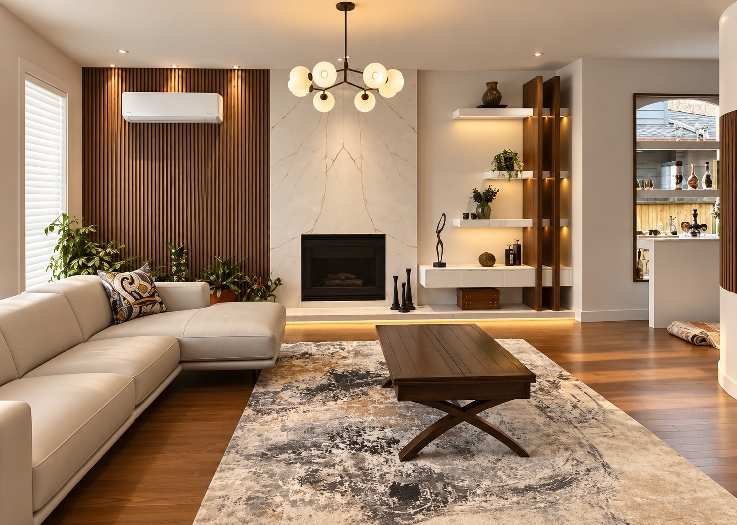Completed West Vancouver living room with warm wood-toned slats, a pale veined fireplace surround and illuminated display shelves
