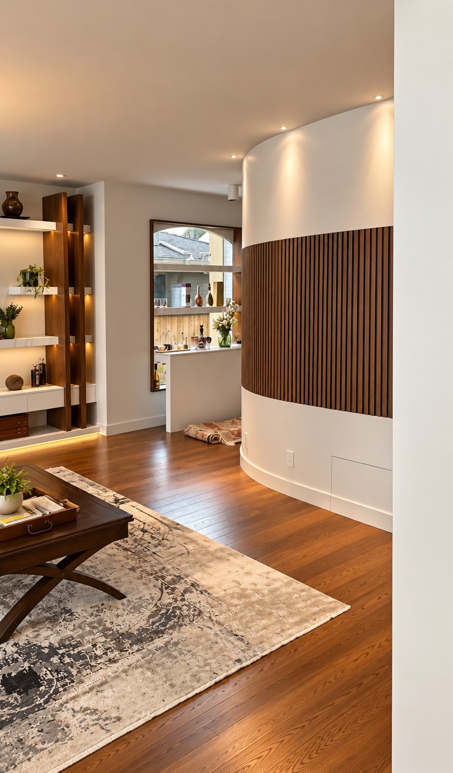 A curved wall softened by a band of vertical wood-toned slats.