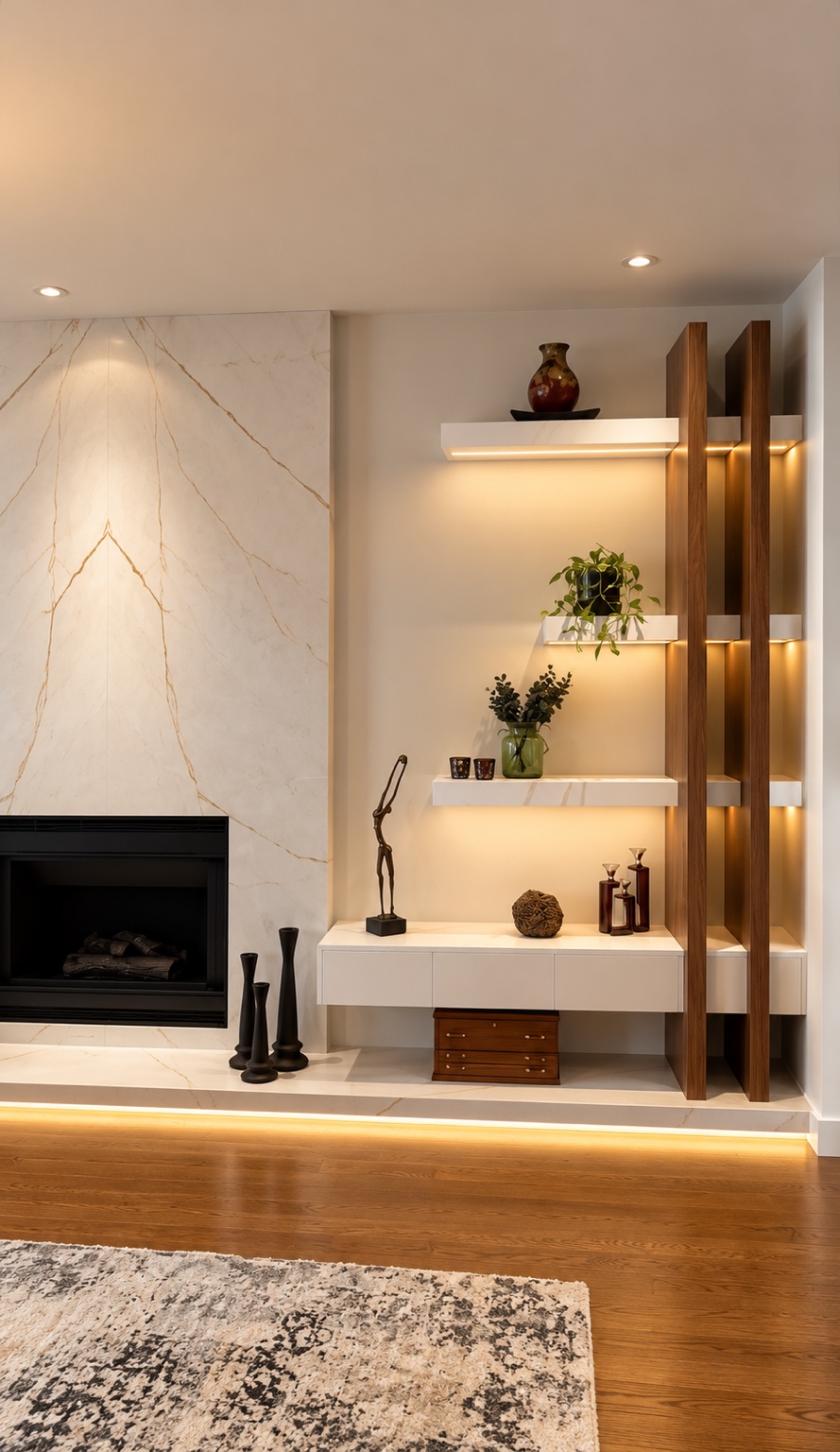 Floating display shelves and vertical accents beside the fireplace.
