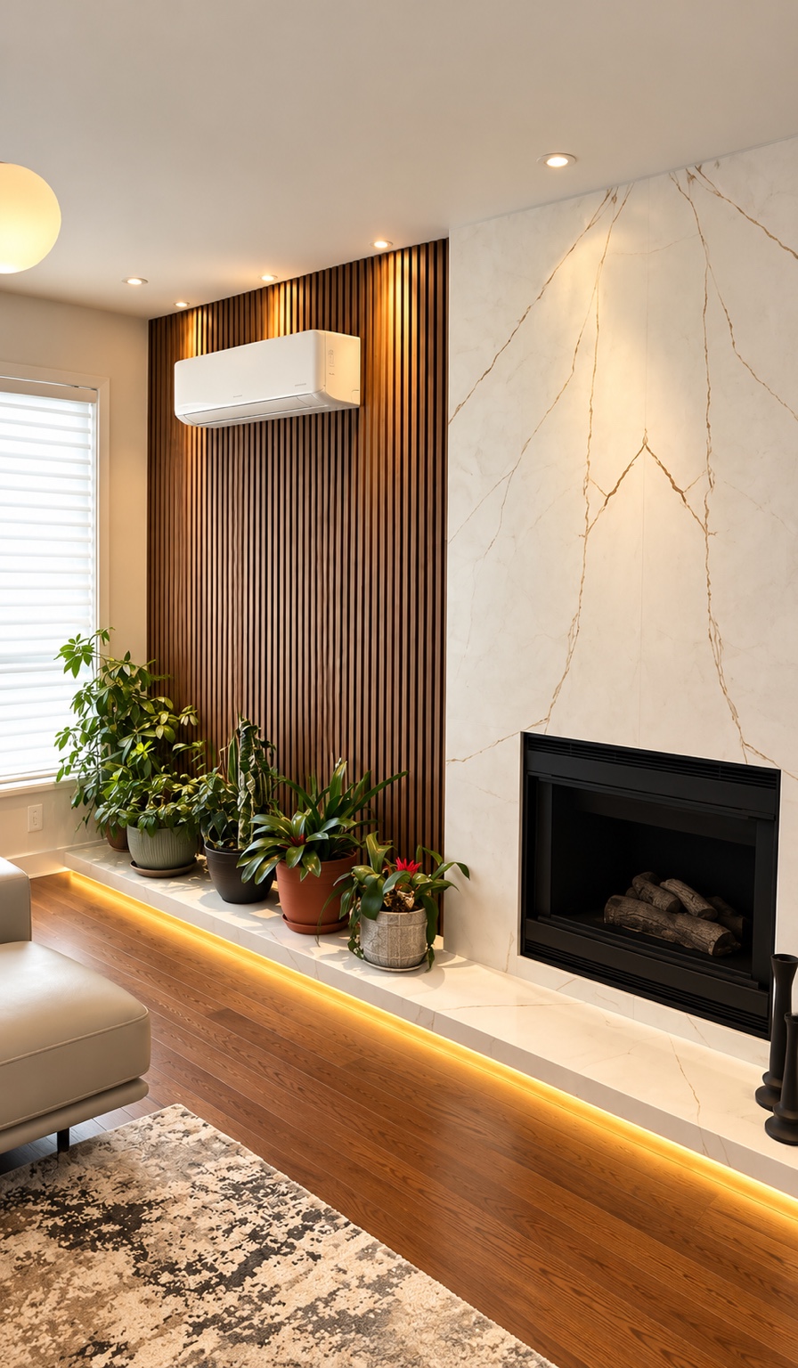 Close view of the fireplace surround and slatted feature wall.