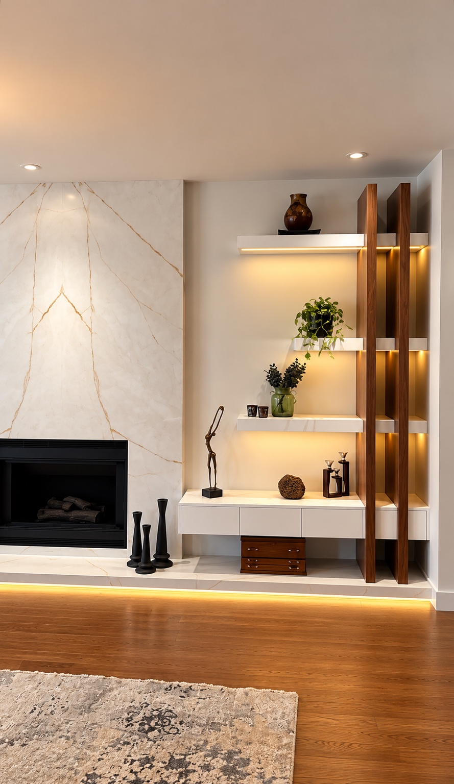 Display shelving, drawer storage and concealed illumination.