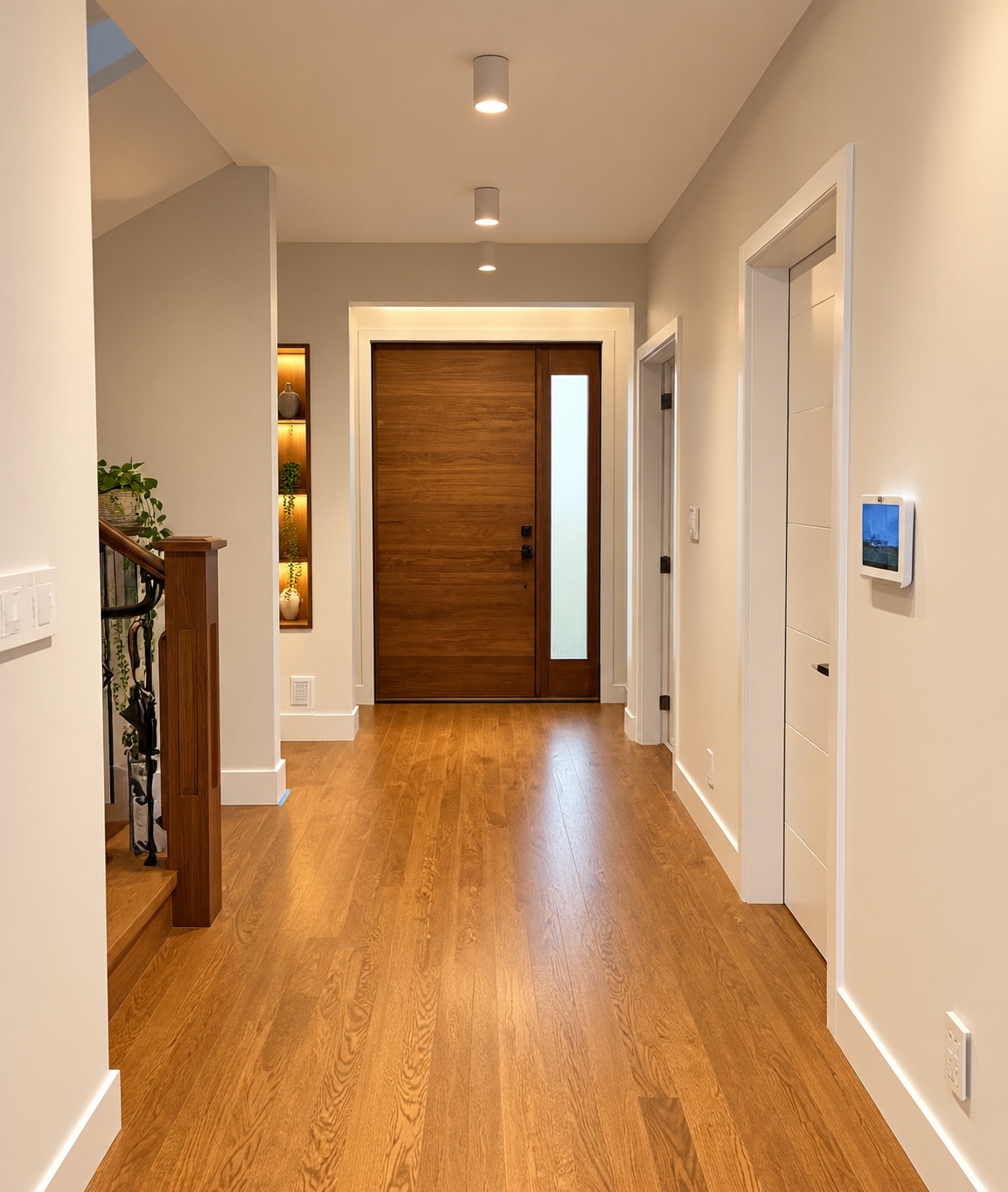 Entrance hall with a wood-toned door and floor.