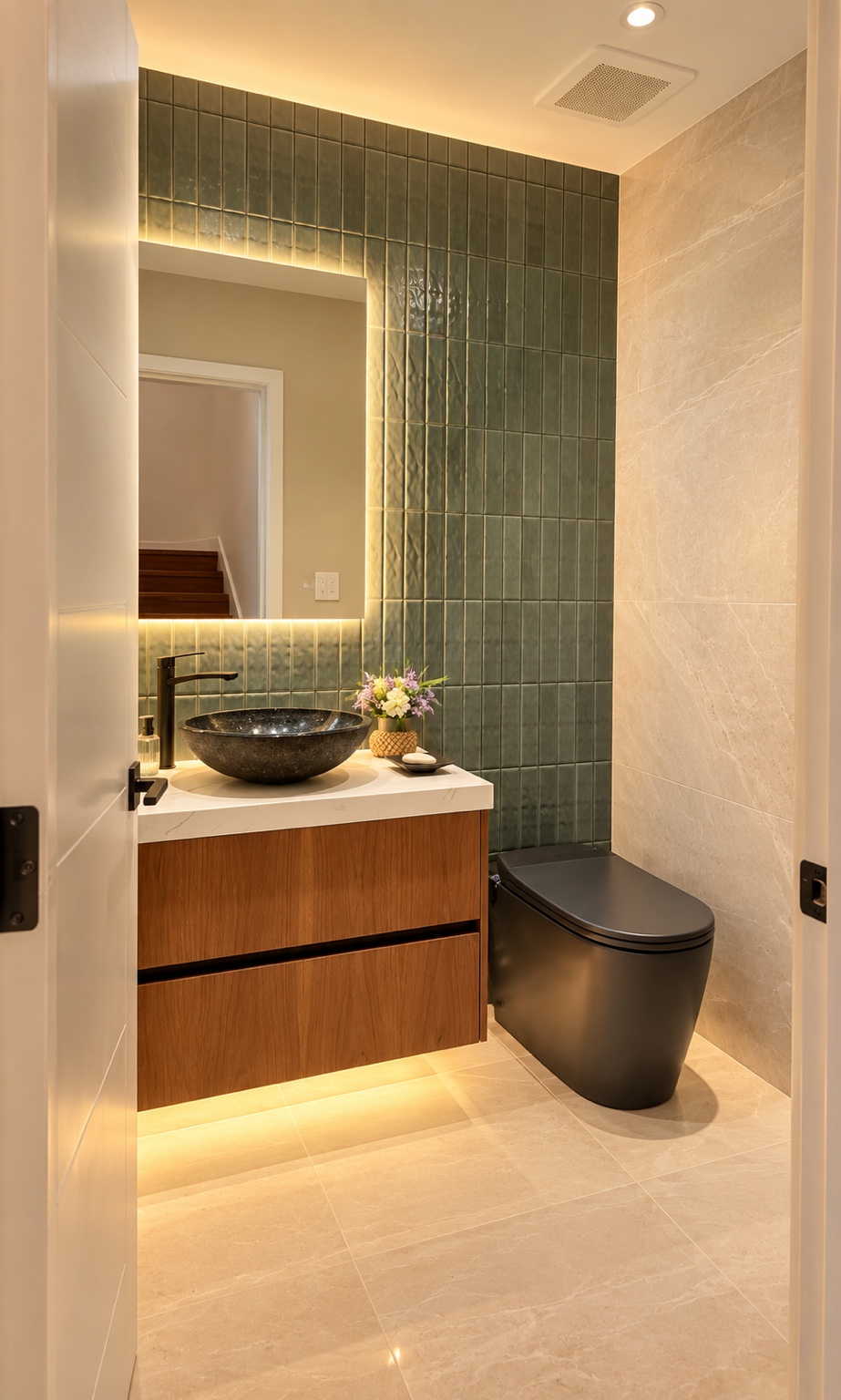 Guest powder room with muted green tiles and a floating vanity.