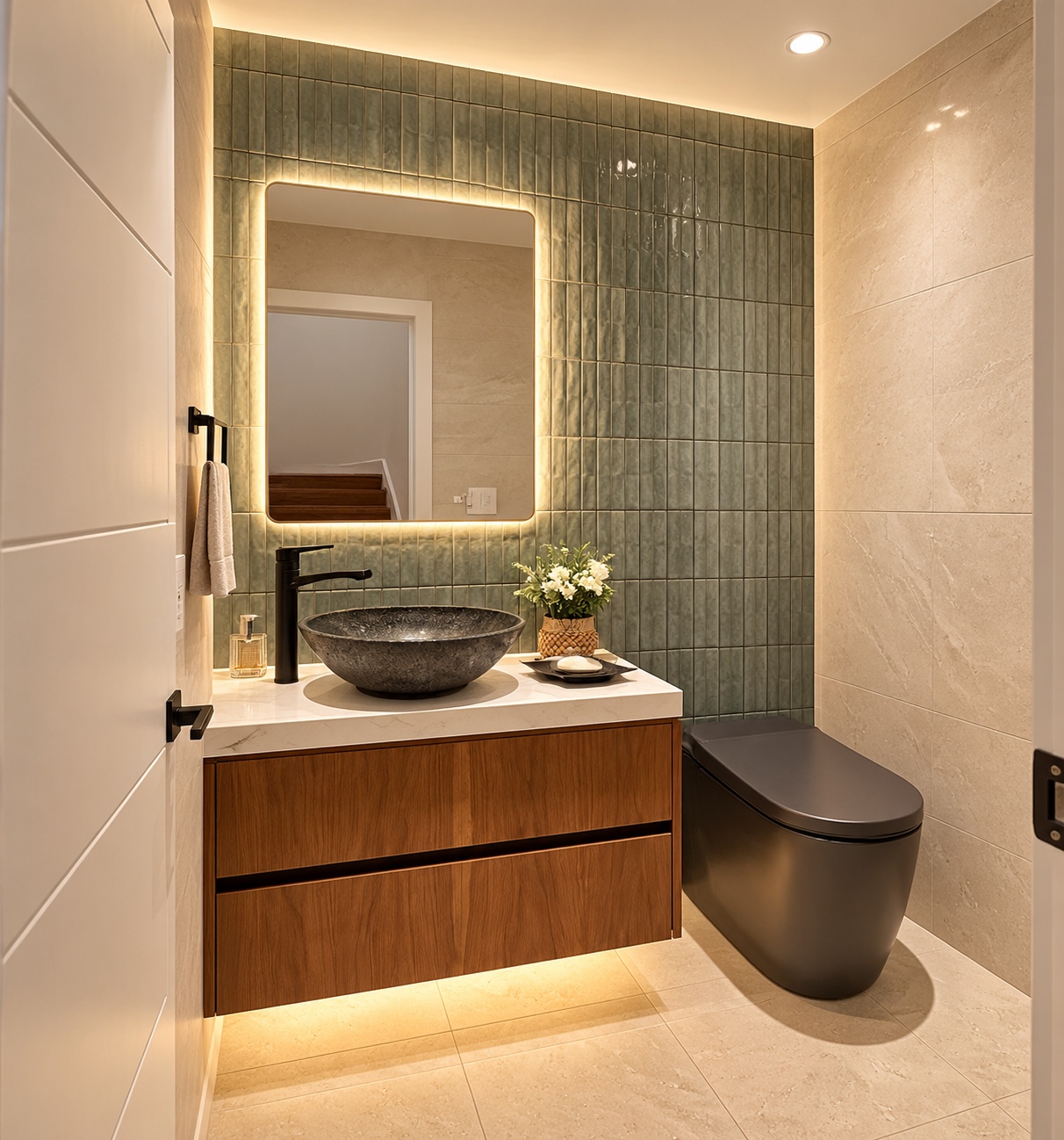 Powder room palette: wood tones, pale surfaces and dark fixtures.