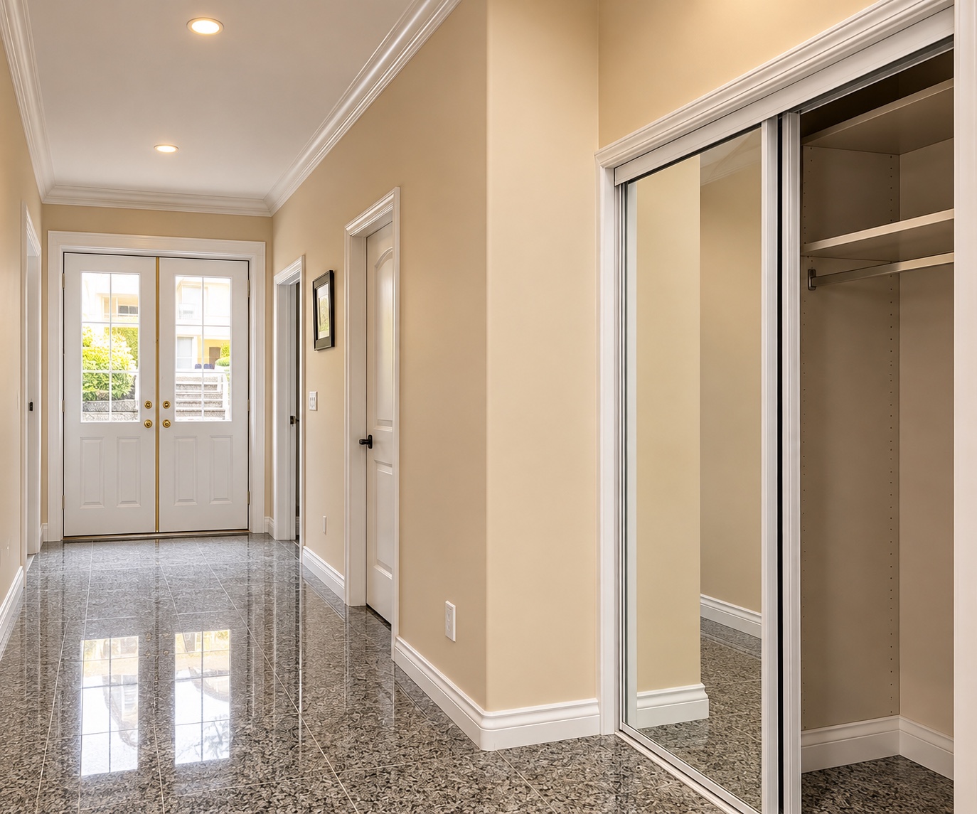 Entrance hall before renovation, with grey patterned flooring and mirrored closet doors.