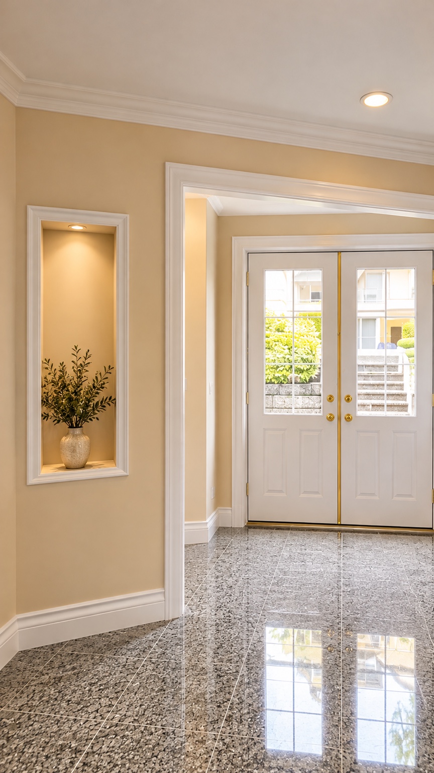 Original entrance doors and recessed display niche.