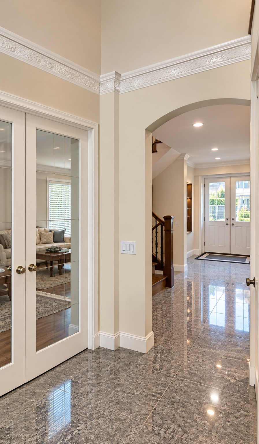 Original arched opening, decorative trim and glazed doors.