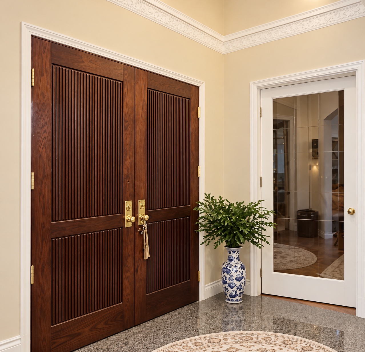 Original wood-toned double doors and decorative wall trim.