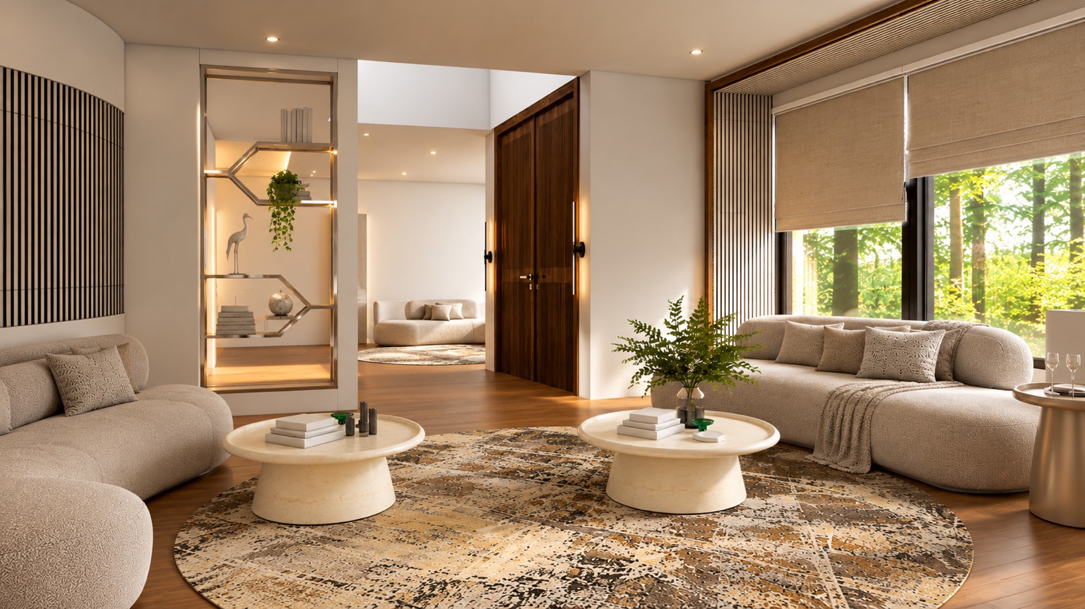 Living room visualization with rounded seating and slatted details.