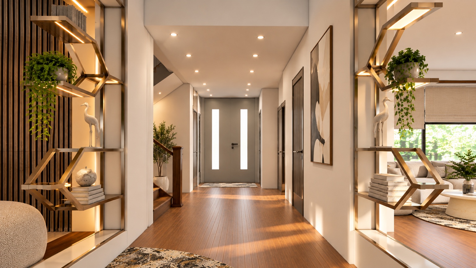 Entrance visualization with open geometric display shelving.