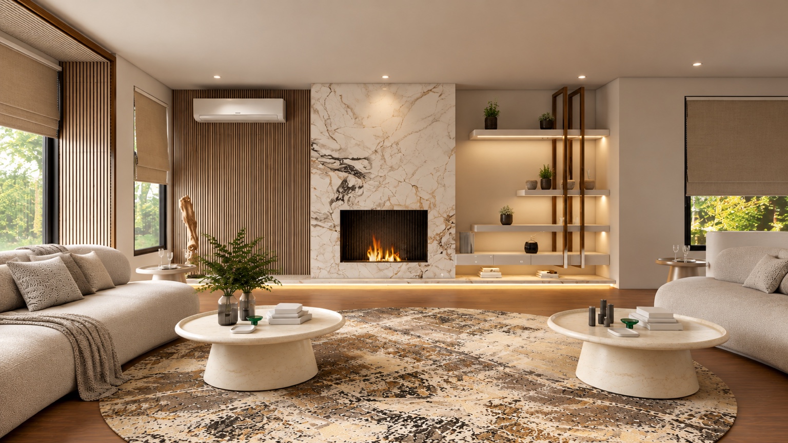 Proposed fireplace composition and living room furnishings.