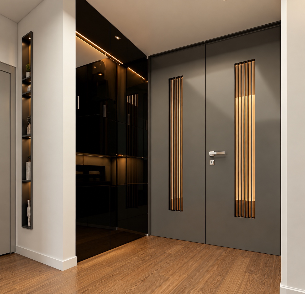 Entrance visualization with dark cabinetry and illuminated door details.