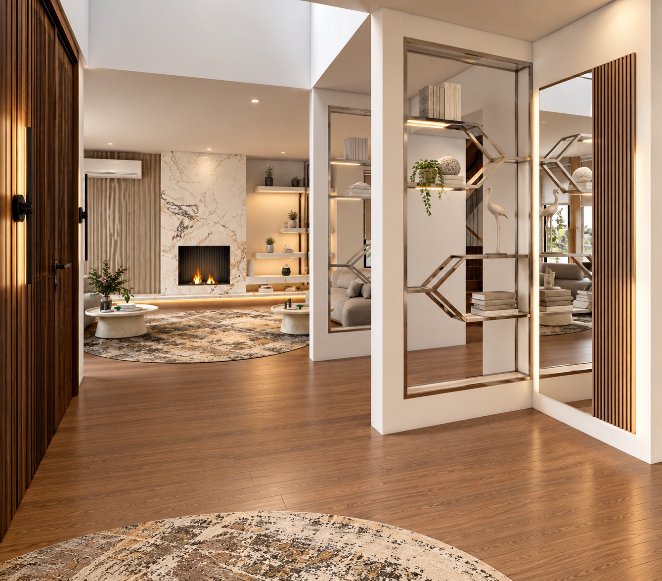 Visualization of open display shelving between the entrance and living area.